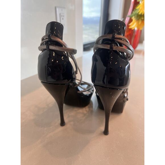 Yves Saint Laurent Rive Gauche Patent Leather Heels Sandals Navy Blue 38.5 YSL - Picture 14 of 16